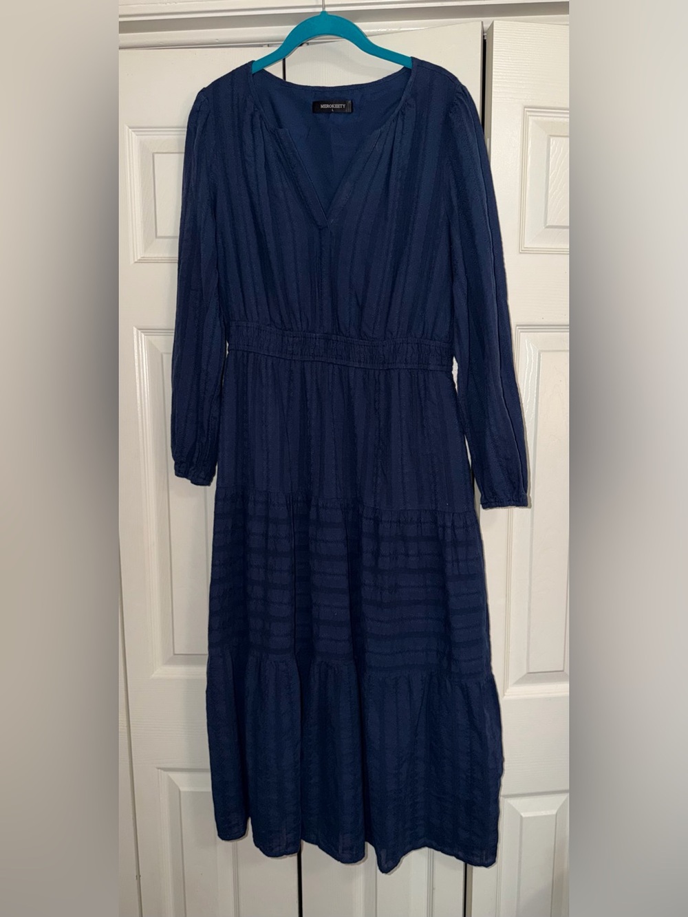 Women's Navy V-Neck Long Sleeve Tiered Maxi Dress